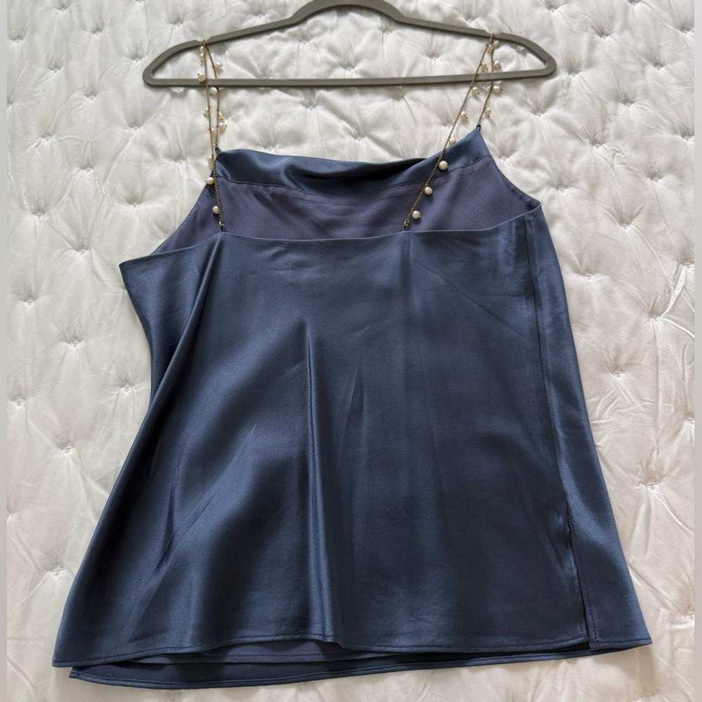 Cami NYC Dusty Blue Satin Camisole with Gold and Pearl Chain Straps - Picture 3 of 3